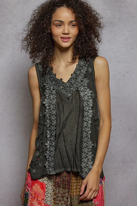 Floral Lace Crochet Sleeveless Crop Top - Black, 94% rayon, 6% spandex