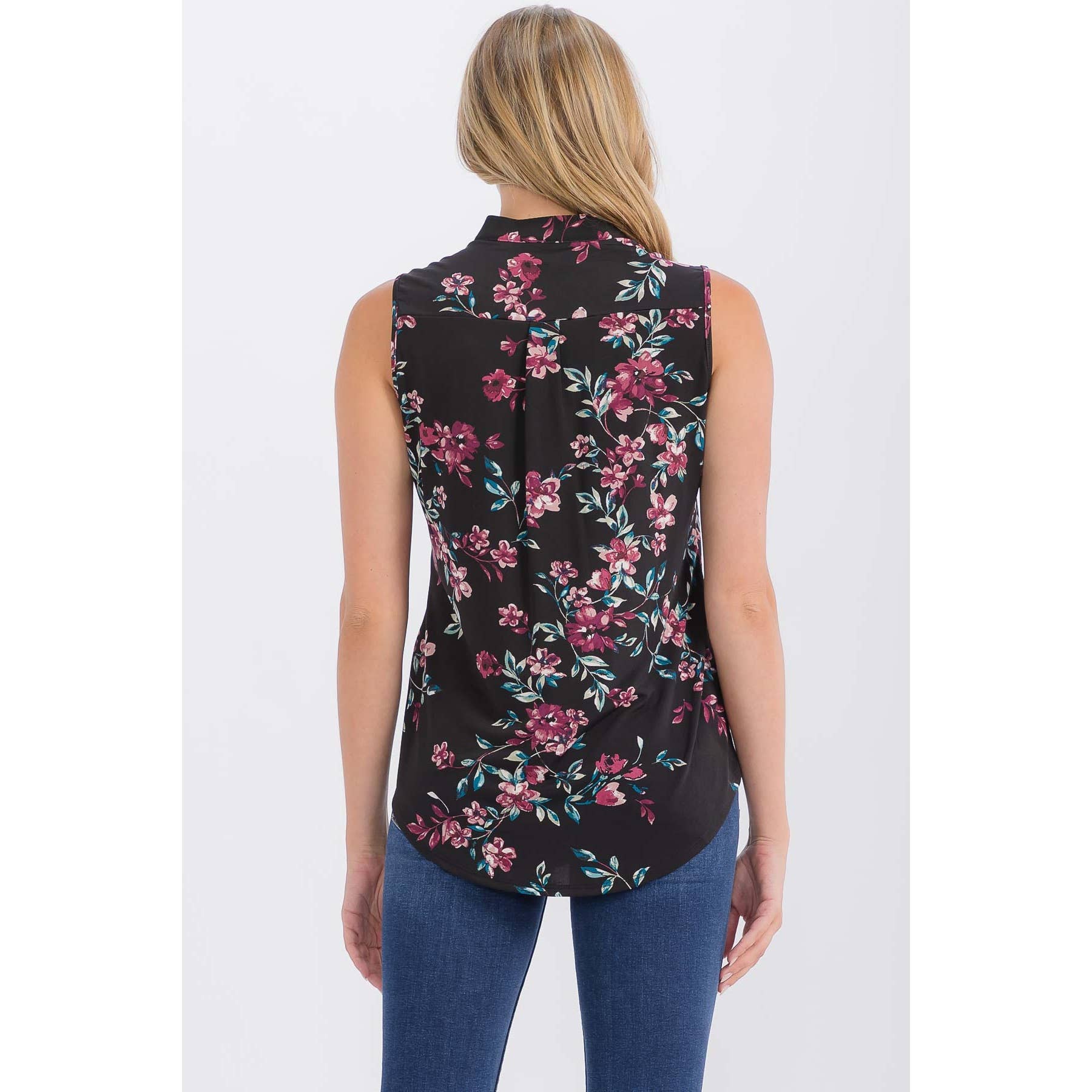 Floral Mandarin Collar V-Neck Sleeveless Shirt - Black, Plum & Teal, photo 3 of 4