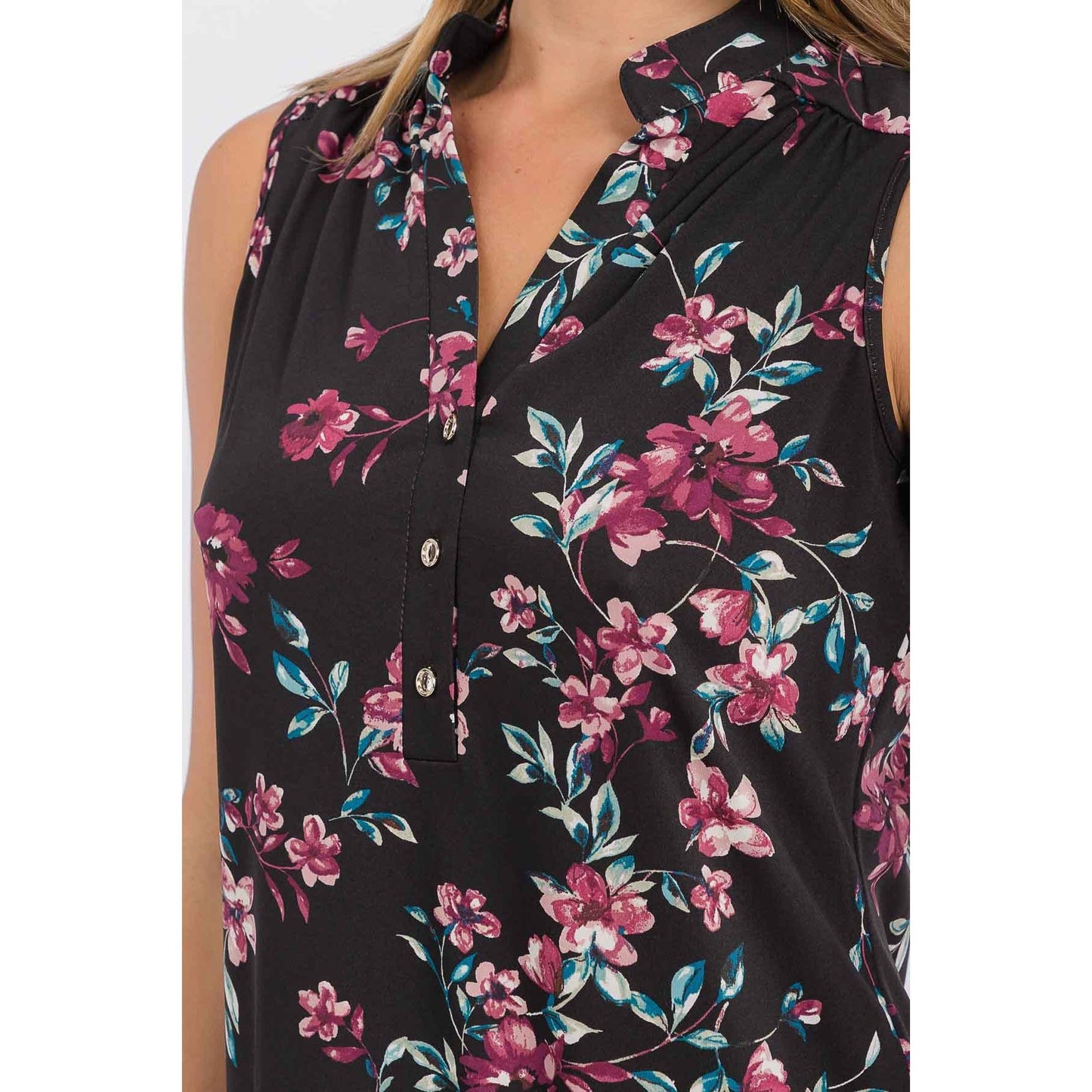 Floral Mandarin Collar V-Neck Sleeveless Shirt - Black, Plum & Teal, photo 4 of 4