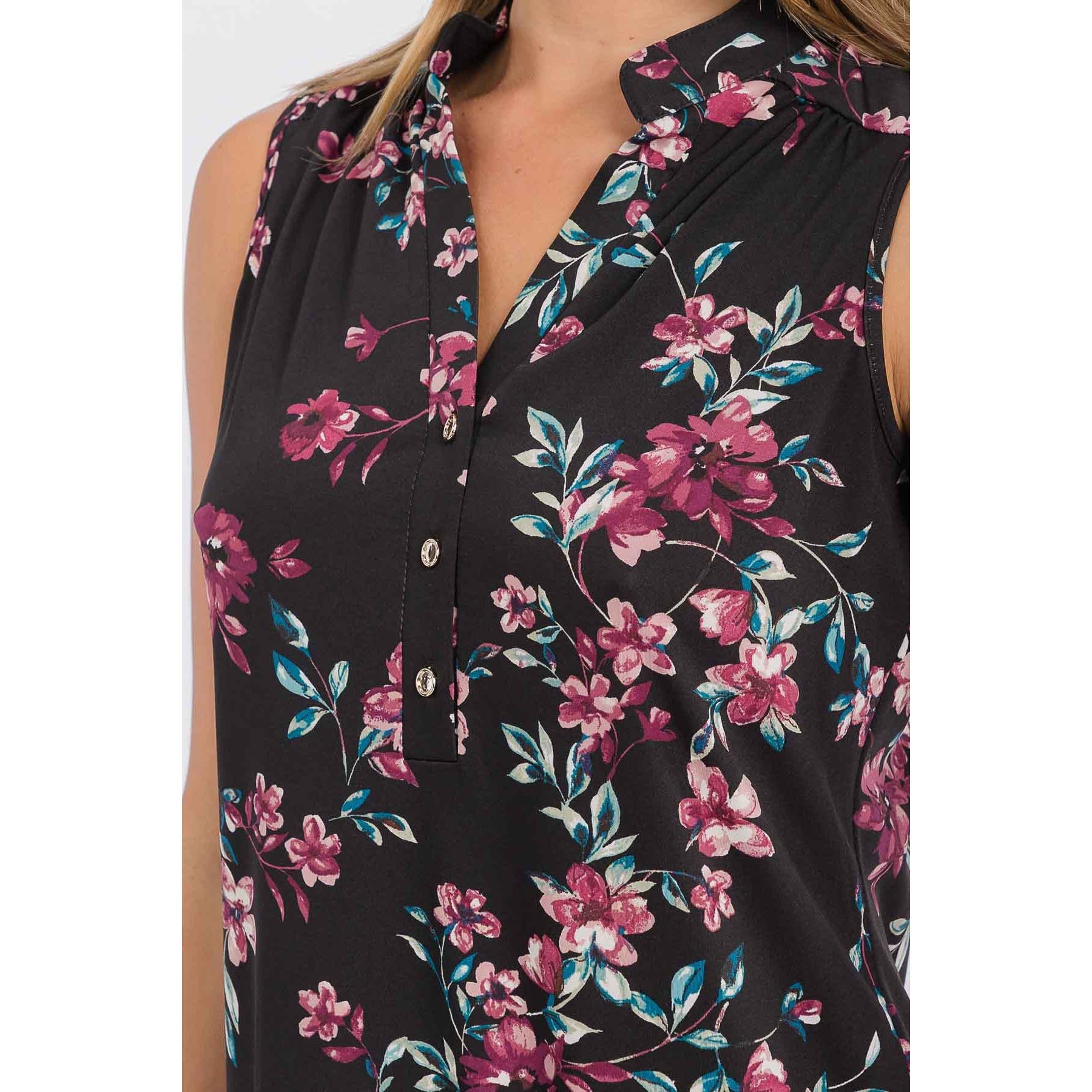Floral Mandarin Collar V-Neck Sleeveless Shirt - Black, Plum & Teal, photo 4 of 4