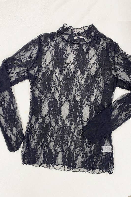 Floral Lace Mock Neck Long Sleeve Top - Black, 92% nylon, 8% spandex