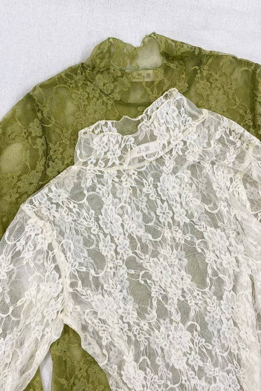 Floral Lace Mock Neck Long Sleeve Top - Cream, 92% nylon, 8% spandex