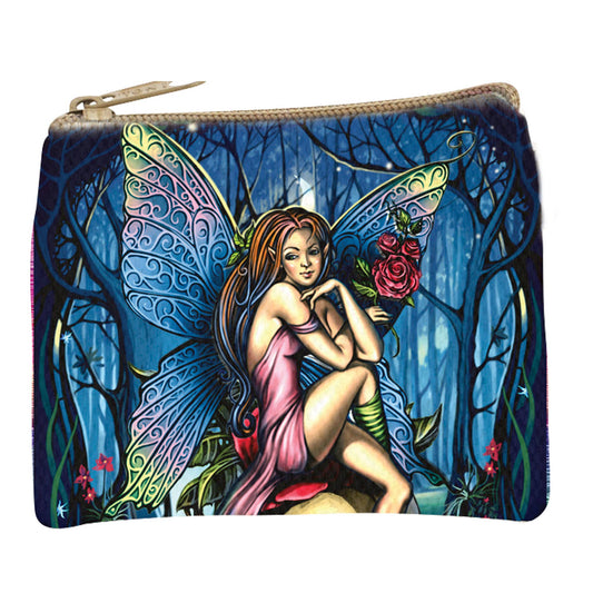 Zip coin purse printed edge to edge with a fairy seated in a moonlit forest in deep teal, blue and violet