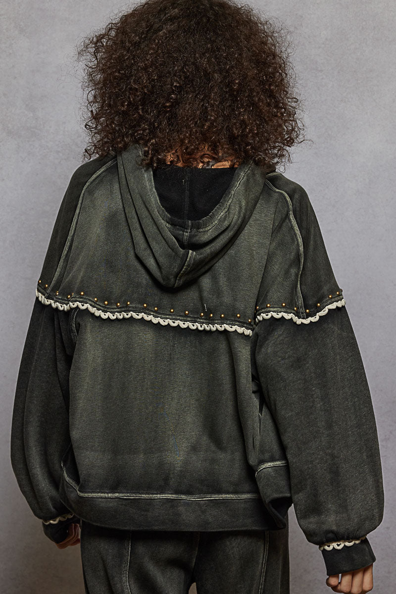 Black French terry hooded jacket with stud and trim detail, photo 2 of 3
