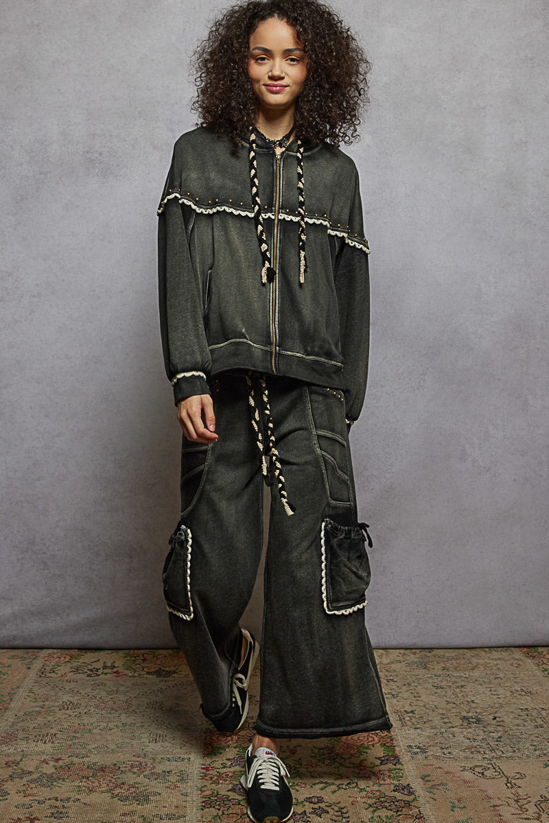 Black French terry hooded jacket with stud and trim detail, photo 3 of 3