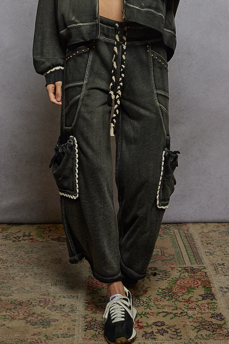 Black French terry wide leg pants with cargo side pockets by Pol Clothing