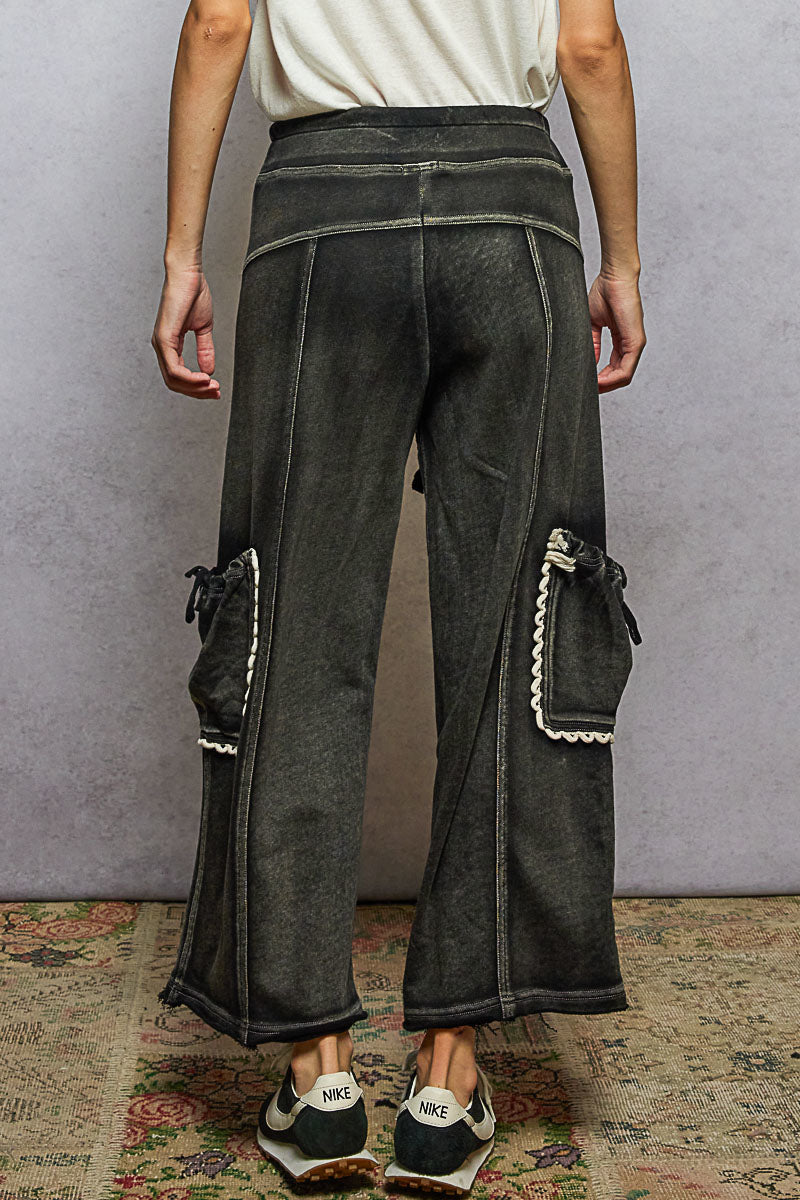 Black French terry wide leg pants with cargo side pockets, photo 3 of 4