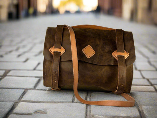 Handmade genuine buffalo hide messenger bag with hand-stitched detailing