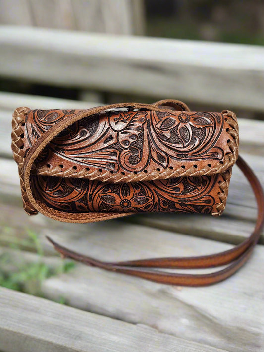Genuine Leather Wallet Style Tooled Crossbody