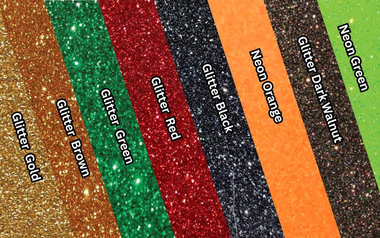 Applique fabric choices: Glitter Gold, Glitter Brown, Glitter Green, Glitter Red, Glitter Black, Neon Orange, Glitter Dark Walnut and Neon Green swatches
