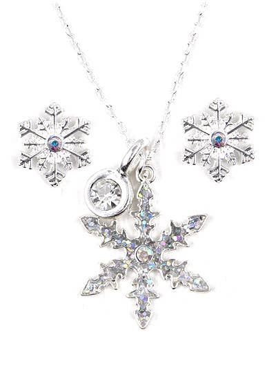 Silver snowflake charm necklace with a crystal AB charm and post earrings