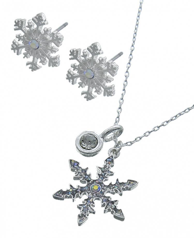 Snowflake pendant and round post earrings, close view