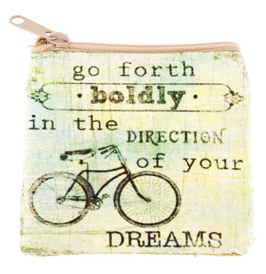 Cream canvas zip coin purse with a bicycle illustration and the words go forth boldly in the direction of your dreams