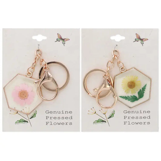 Gold geometric keychain with real dried flowers