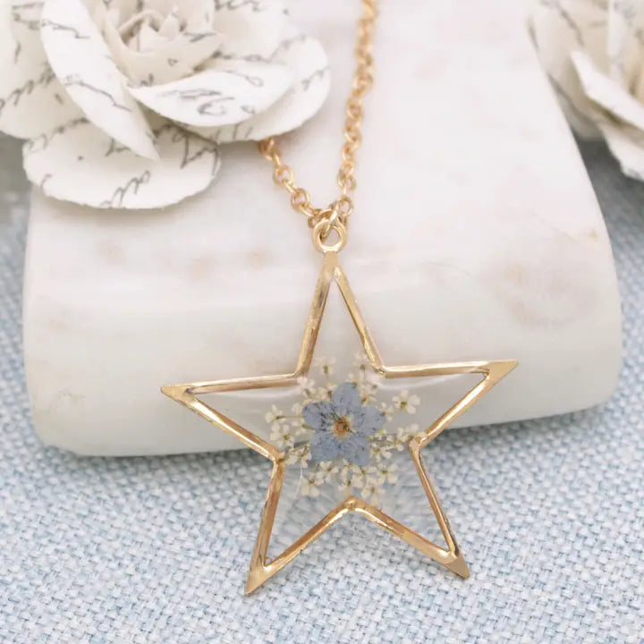 Gold Star Blue Dried Flower Necklace