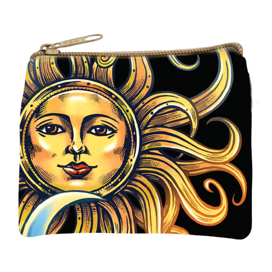Zip coin purse printed with a golden sun face on black, its rays drawn as long flowing curls