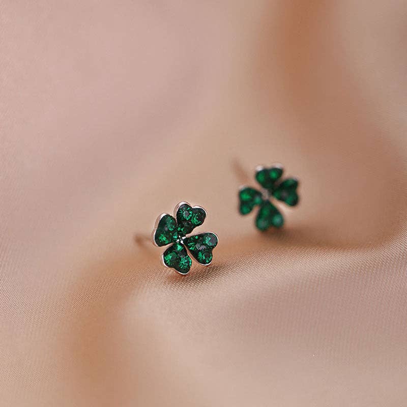 Green Four-Leaf Clover Stud Earrings - Sterling Silver
