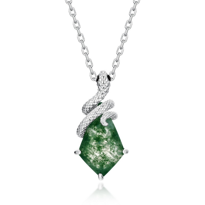 Green Moss Agate Snake Charm Necklace - Sterling Silver, photo 4 of 4