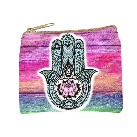Zip coin purse printed with an ornate hamsa hand over a wash of pink, purple and coral watercolor stripes