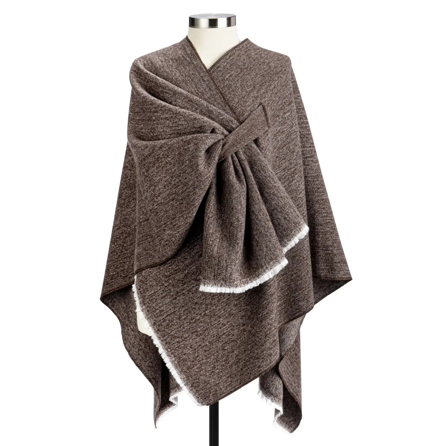 Heathered taupe keyhole wrap draped on a dress form with one end pulled through the keyhole opening at the front