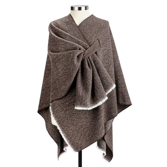 Heathered taupe keyhole wrap draped on a dress form with one end pulled through the keyhole opening at the front