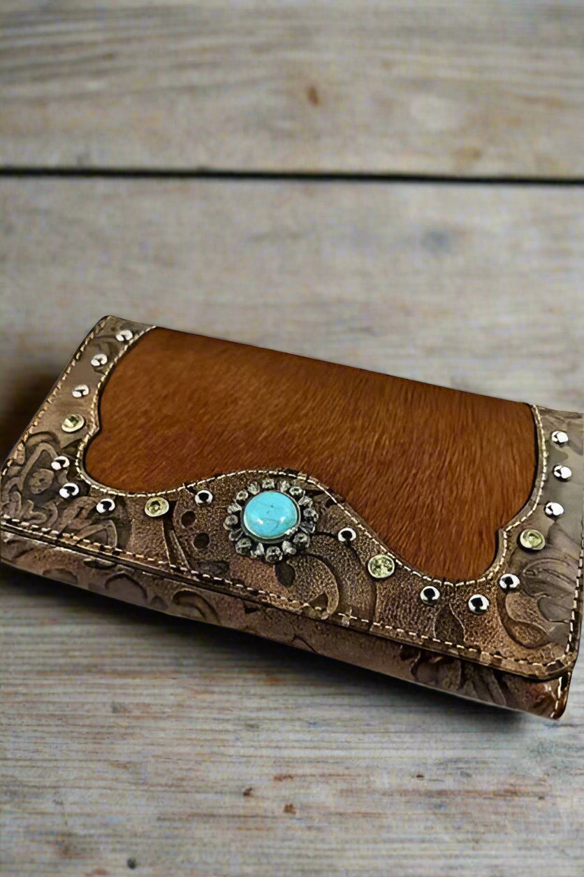 Hair-on Hide Flap Wallet - Brown with Turquoise Accent