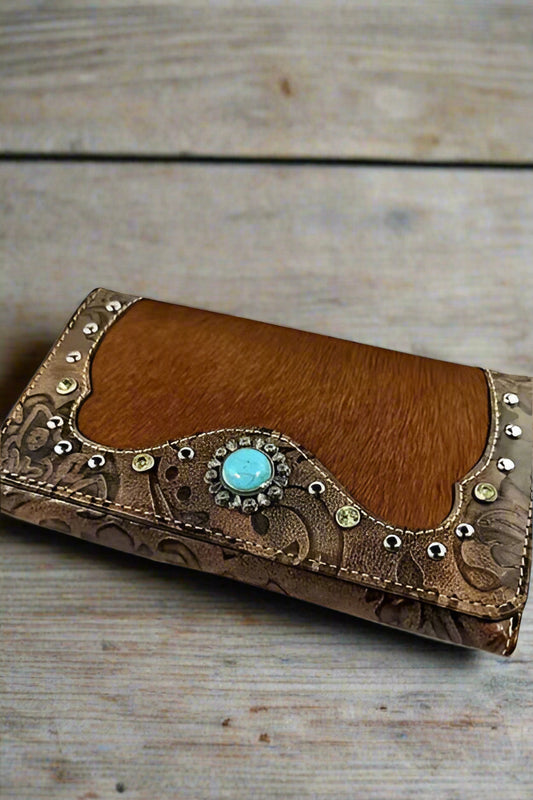 Hair-on Hide Flap Wallet - Brown with Turquoise Accent