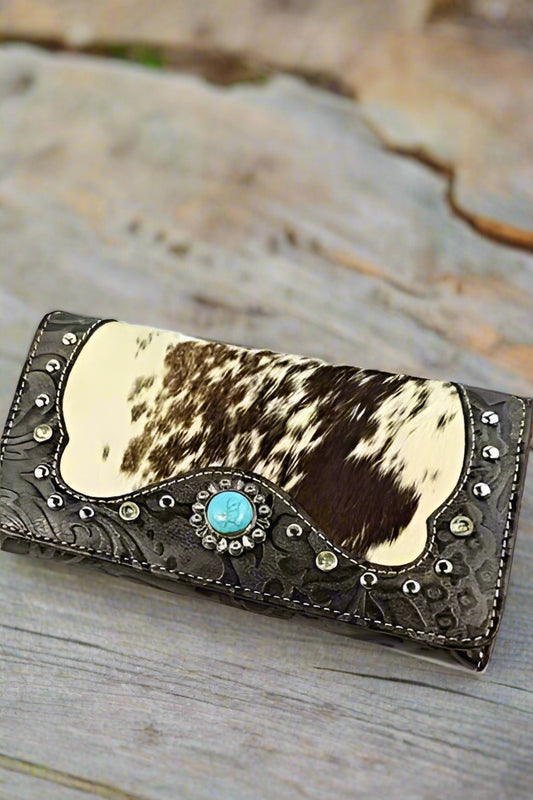 Hair-on Hide Flap Wallet - Grey with Turquoise Accent