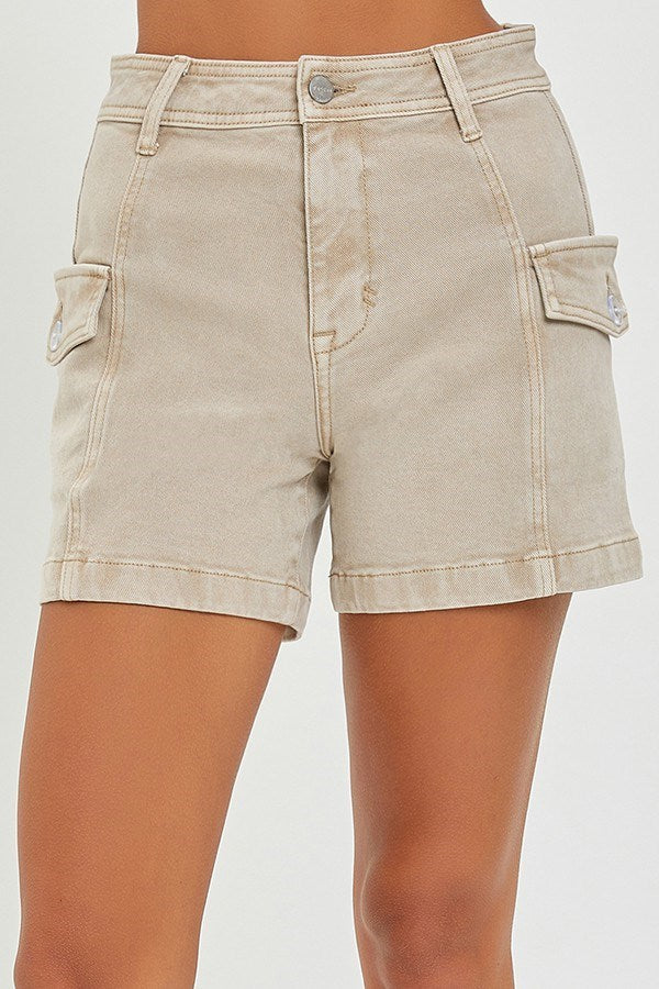 High Rise Cargo Shorts - Khaki, 98% cotton, 2% spandex