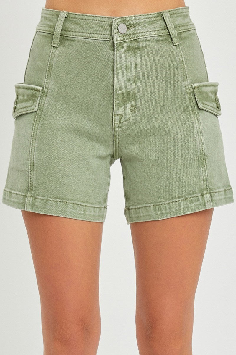 High Rise Cargo Shorts - Olive, 98% cotton, 2% spandex