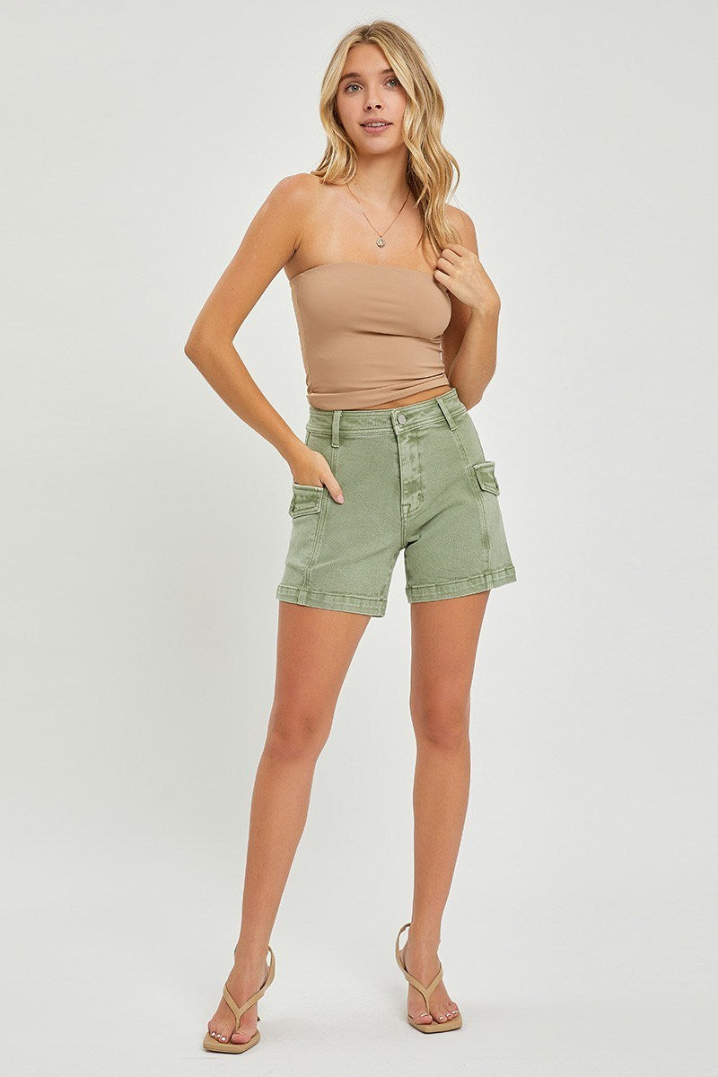 High Rise Cargo Shorts - Olive, 98% cotton, 2% spandex, photo 2 of 4