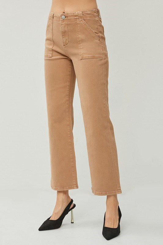 High Rise Patch Pocket Ankle Flare Pants - Cocoa, 98% cotton, 2% spandex