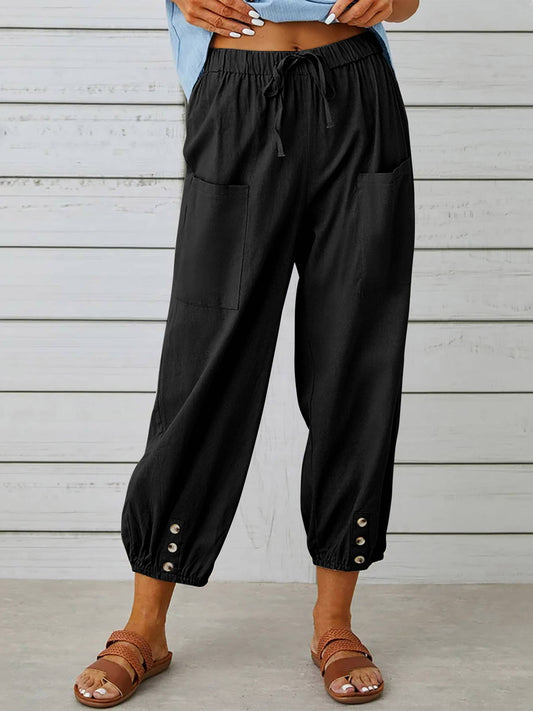 High-Waisted Buttoned Pants with Pockets - Black, photo 1 of 3