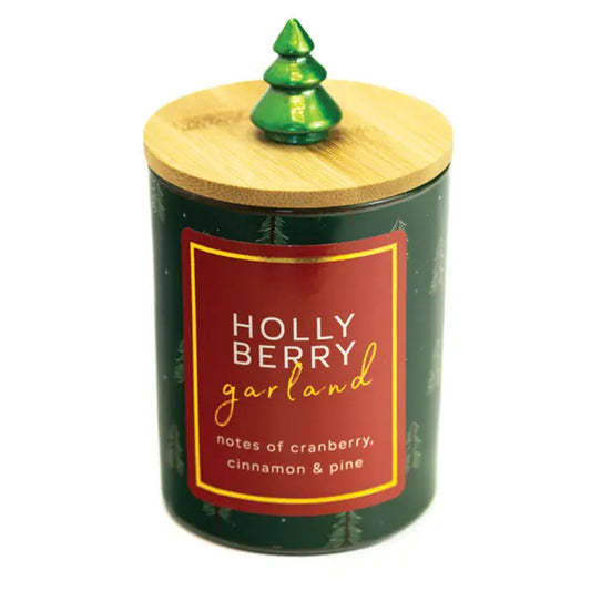 Holly Berry Garland scented 10 oz soy jar candle in a clear glass jar.