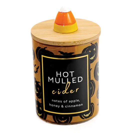 Hot Mulled Cider scented 10 oz soy jar candle in a clear glass jar.