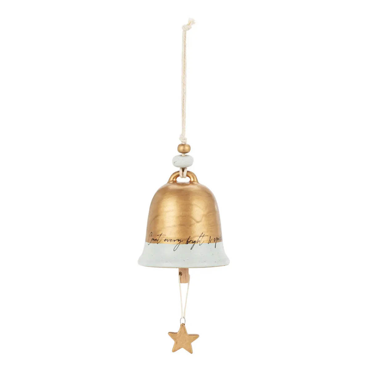 Gold Inspired Holiday Bell Blessed with a white top and gold star charm hanging from a cord