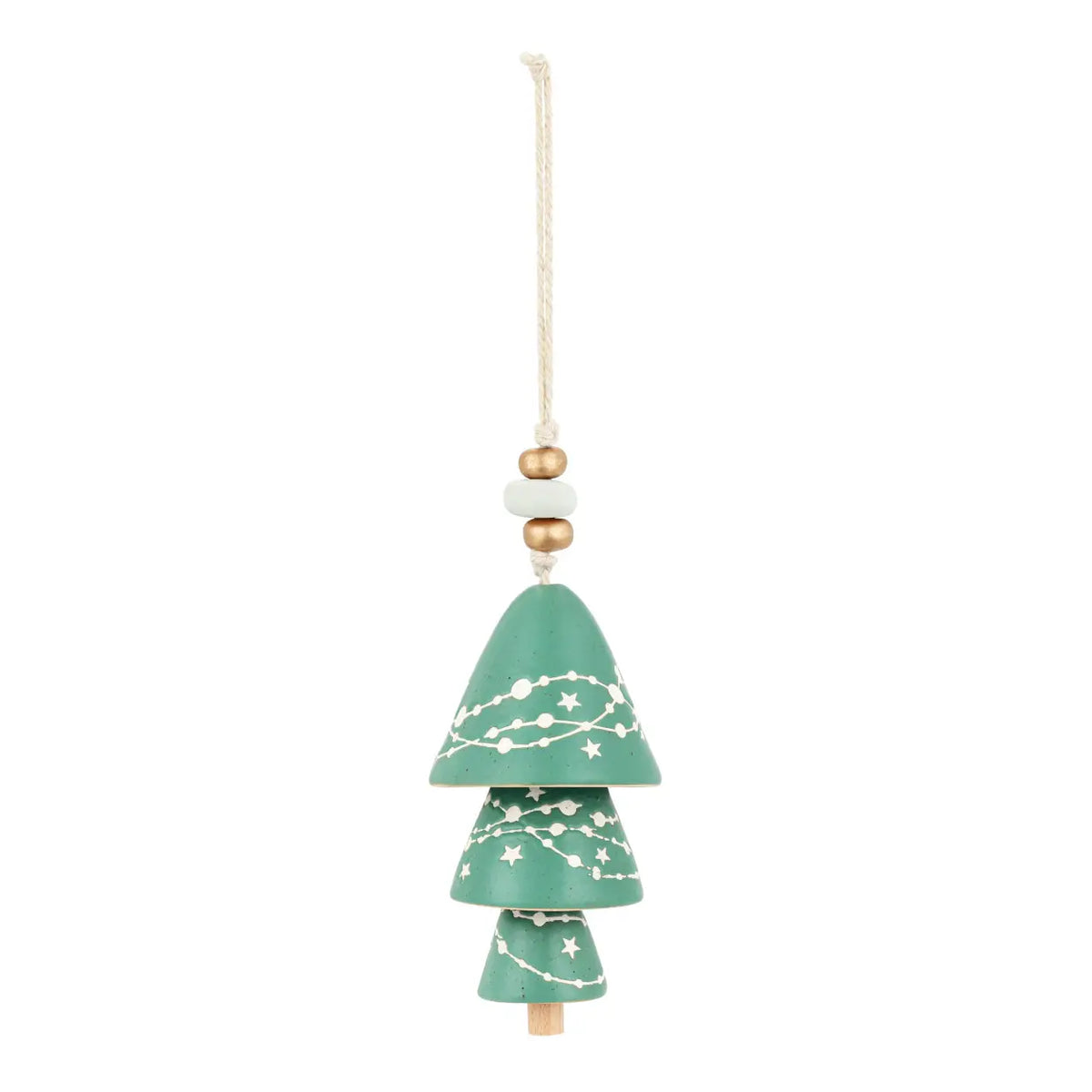 Green tiered Christmas tree shaped Inspired Holiday Bell with white dots hanging from a cord