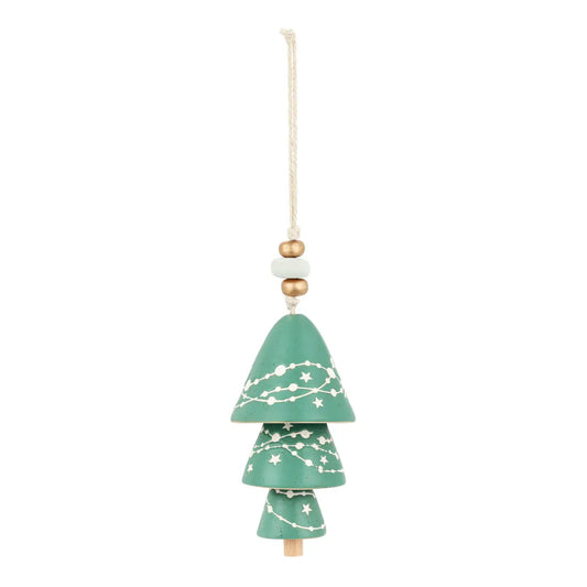 Green tiered Christmas tree shaped Inspired Holiday Bell with white dots hanging from a cord
