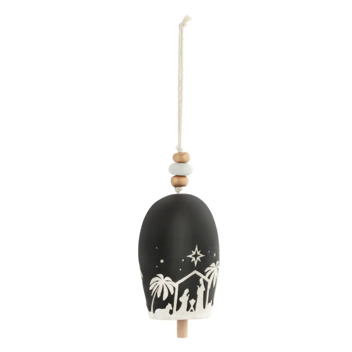 Black Inspired Holiday Bell with a white nativity silhouette hanging from a cord with beads