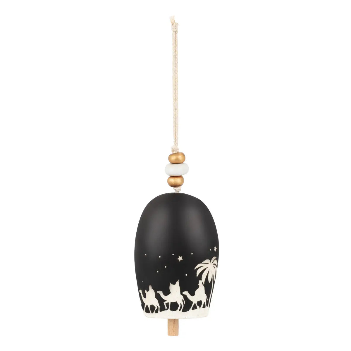 Full view of the black nativity Inspired Holiday Bell with cord and wooden clapper