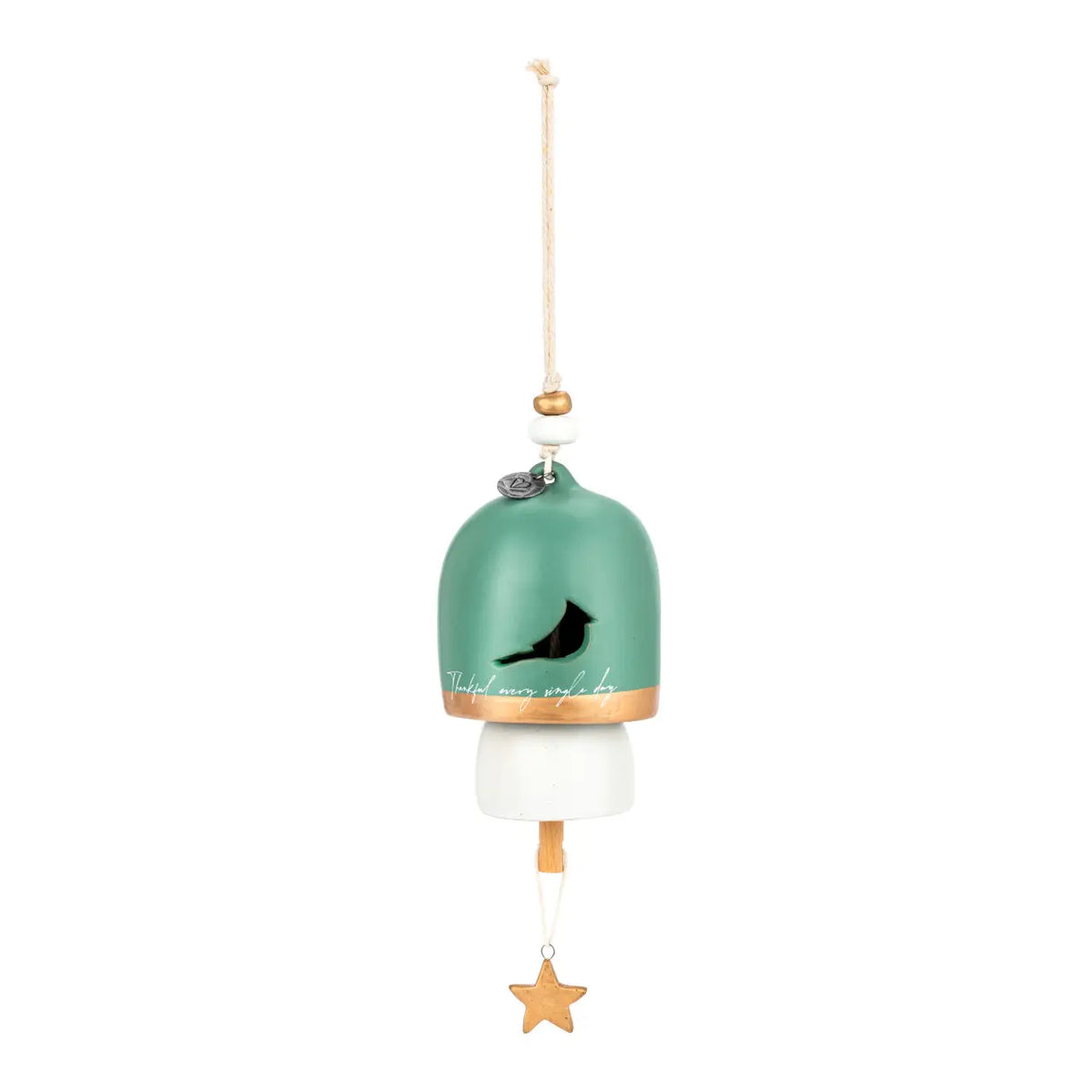 Green Inspired Holiday Bell Thankful with a gold band, a bird on top and a gold star charm