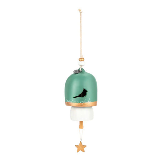 Green Inspired Holiday Bell Thankful with a gold band, a bird on top and a gold star charm