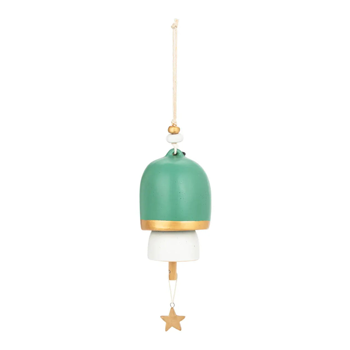 Side view of the green and gold Thankful holiday bell with star charm