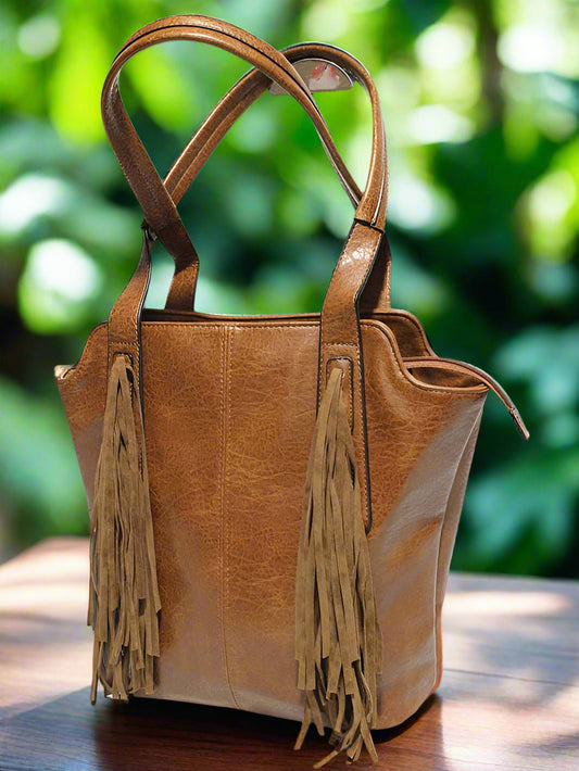 Joan Fringe Vegan Leather Tote - tumbled-grain vegan leather