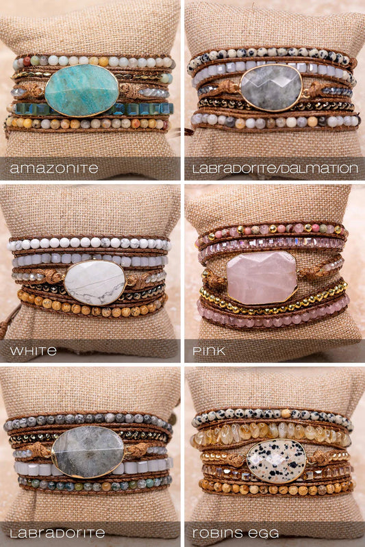 Kelly Vegan Leather Wrap Bracelet - brown vegan leather with stone beads