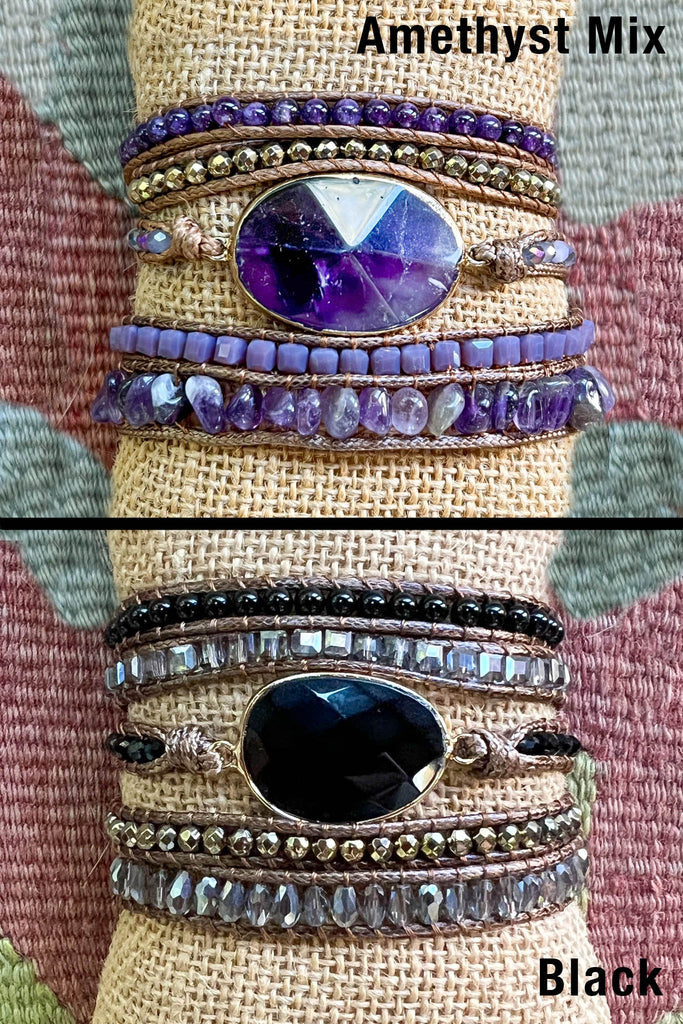 Kelly Vegan Leather Wrap Bracelet - Black Mix / Amethyst