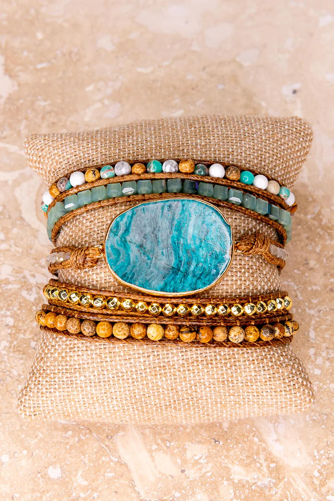 Kelly Vegan Leather Wrap Bracelet - Turquoise / Imperial Jasper
