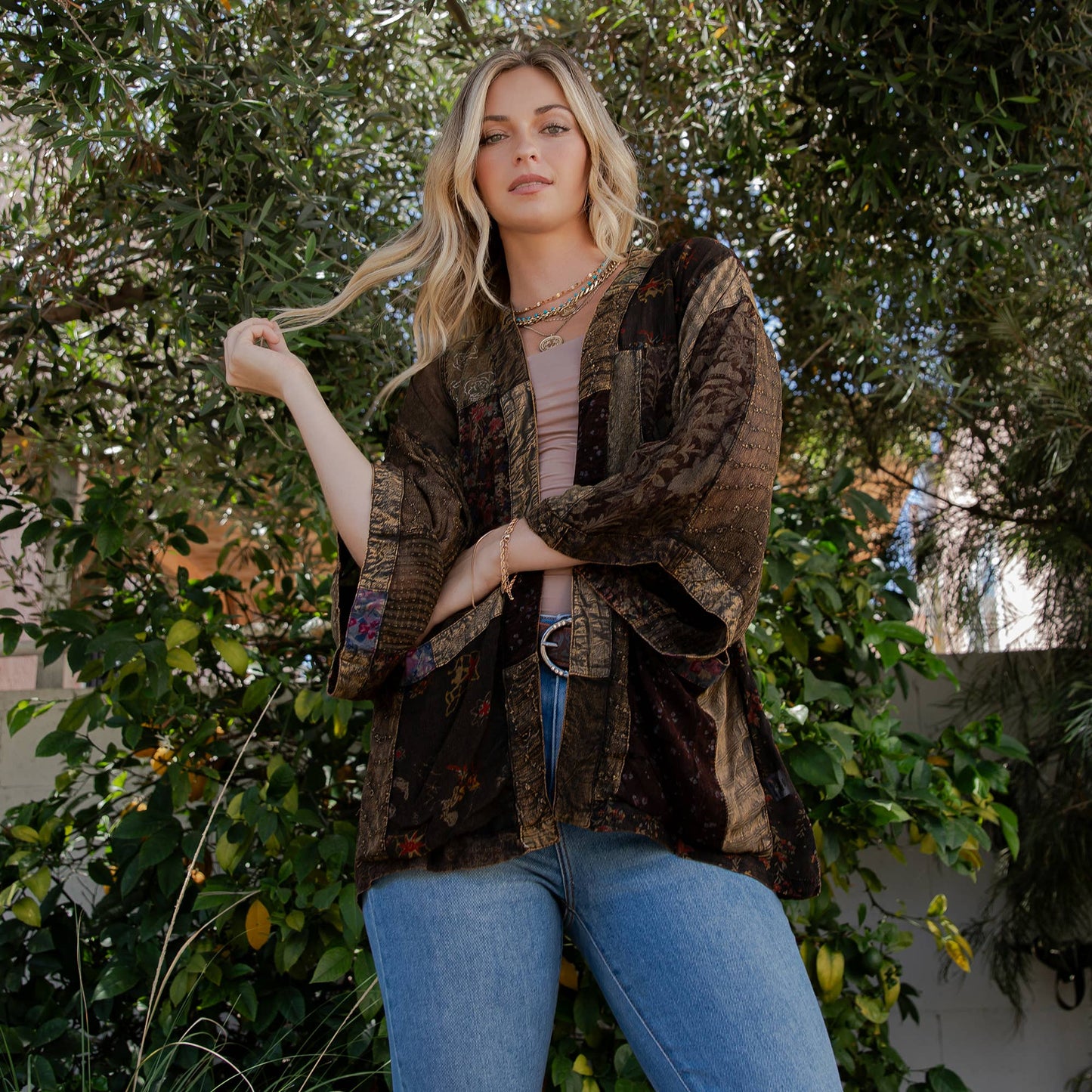 Amber patchwork kimono top in lightweight georgette with a relaxed, flowy open-front silhouette