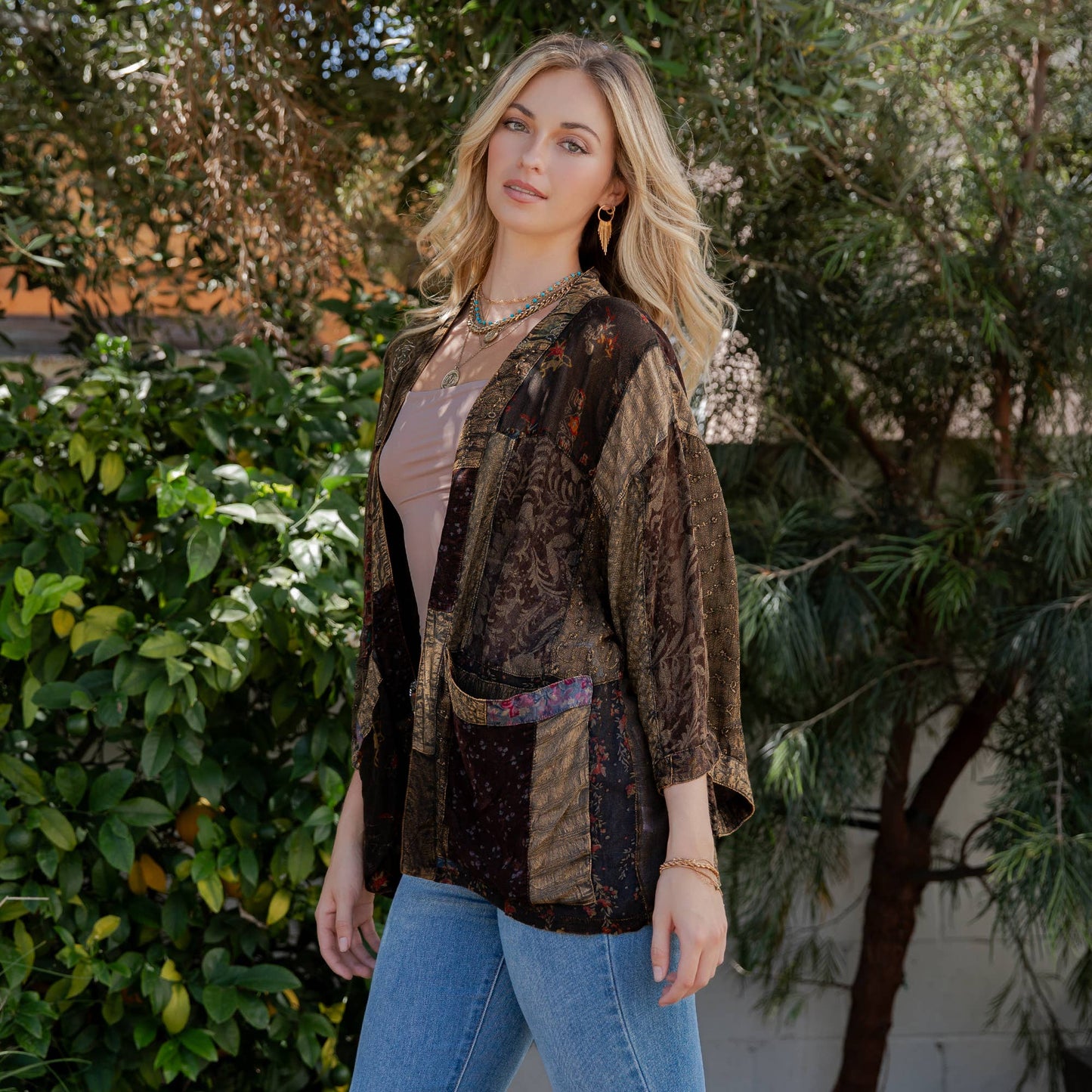 Amber patchwork kimono top in lightweight georgette, photo 2 of 5