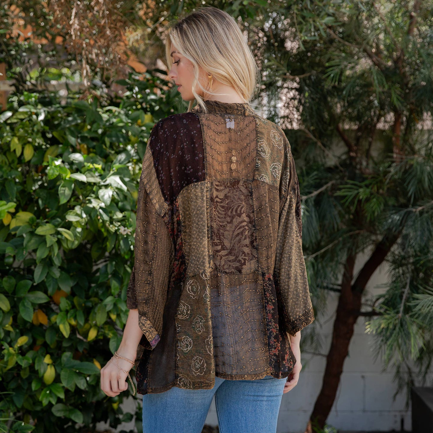 Amber patchwork kimono top in lightweight georgette, photo 3 of 5
